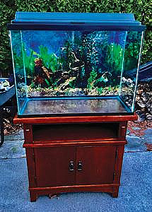 38 GALLON FISH TANK WITH SOLID WOOD STAND, $200